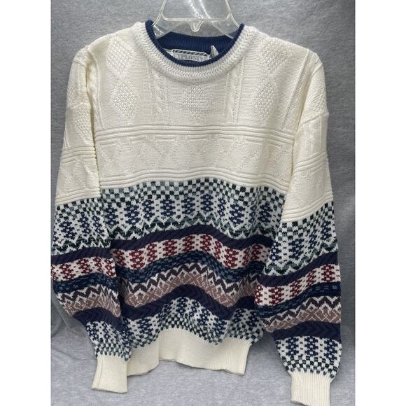 Vtg Saturdays Explosive Styling Sweater Sz XLarge Blue White Graphic Acrylic 90s - Picture 1 of 5